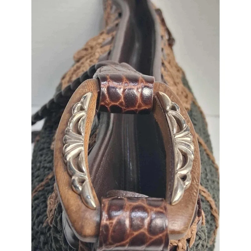 Brighton Hobo Purse Brown‎ Tan Crochet Leather Heart Charm Shoulder Bag